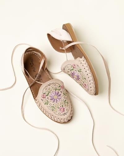 Mexico en la Piel Handcrafted Leather Huarache Sandals for Women - Roman Lace-Up Design, Crepe Sole, Floral Embroidery, Lightweight and Breathable, Available in Natural, Shedron, and White2