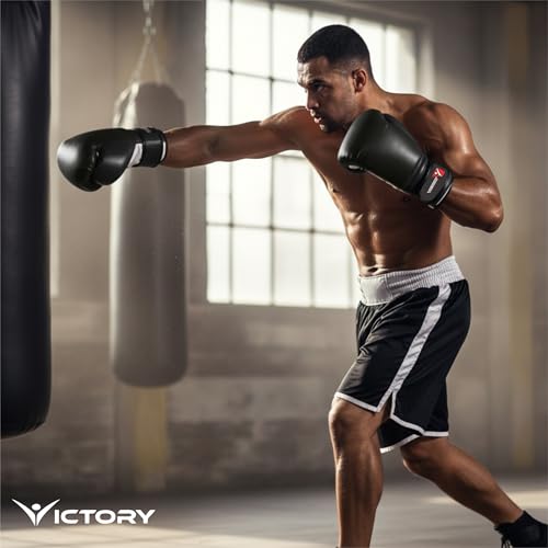 Image of VICTORY Boxing Gloves for Men & Women with Moulded Foam Padding Gloves for Boxing, Training, Kickboxing, Muay Thai, MMA, Durable Pu Material Punching Gloves (Black /White, 10-12 Oz)