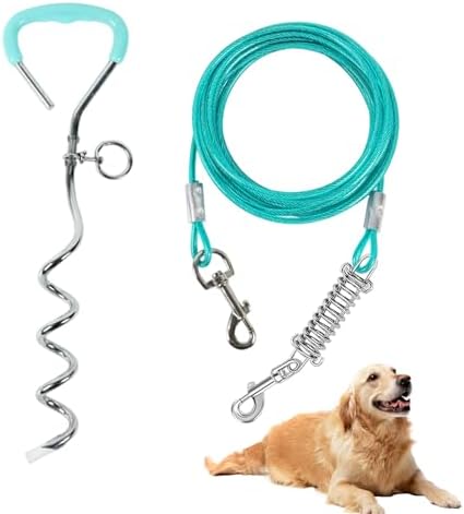 Dog Tie Out Cable and Stake, 30 ft Heavy Duty Cable with Spring and Hook for Yard, Garden, Outdoor Camping, 16 inch Heavy Duty Dog Stake Suitable for Small Medium Dogs Up to 45 Lbs