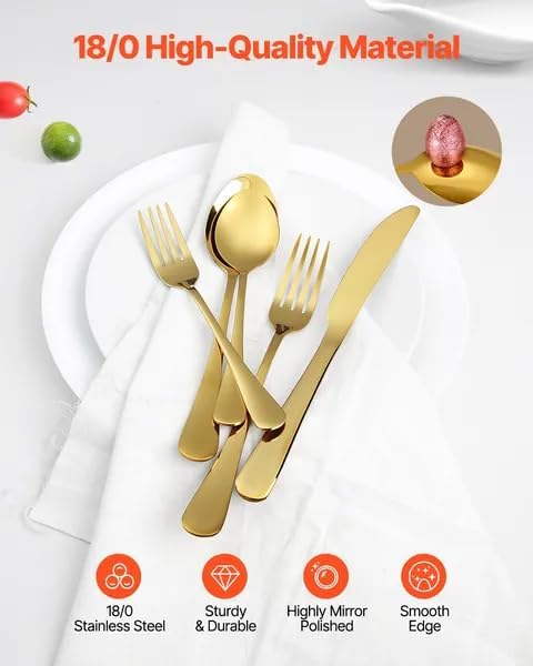 Gold Flatware Set 100 Pieces, 18/0 Stainless Steel Silverware Service for 20, Mirror Polished Cutlery with Dinner Forks, Knives, Spoons, Dessert Forks and Spoons, Dishwasher Safe