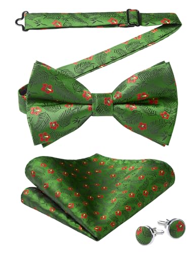 Image of HISDERN Bow Ties for Men Pre-Tied Bow Tie Floral Paisley Handkerchief Classic Formal Bowtie and Pocket Square Cufflinks Set