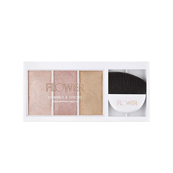FLOWER Beauty By Drew Barrymore Shimmer + Strobe Highlighting Palette - Glowing Bronzer Powder Kit For Face + Blendable Coverage - Skintones + 3 Enhancing Colors (Strobe Brush) Included - Champagne Shimmer