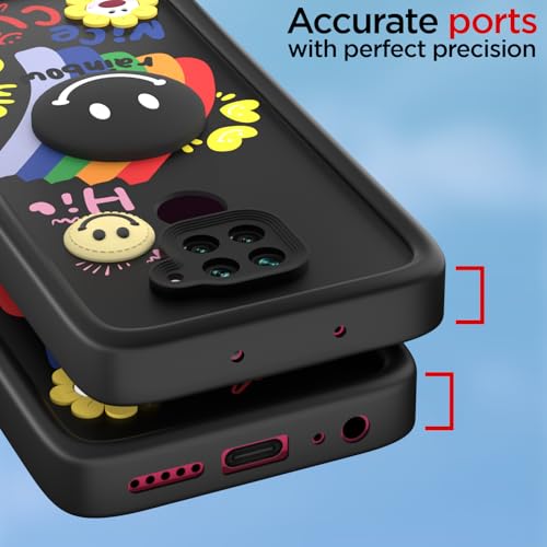 Image of Pikkme Back Cover for Redmi Note 9 | Soft Silicone| Cute Rainbow Smile & 3D Cartoon Flower Design | Shockproof Raised Camera Protection Bumper Case (Black)