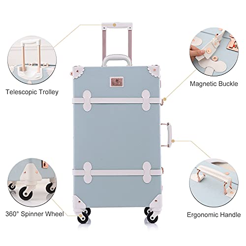 Image of UNIWALKER Vintage Suitcase Set for Women, 2 Piece Handcraft Leather Spinner Trunk Luggage with Cosmetic Train Case, 24 inch+12 inch, Embossed Blue