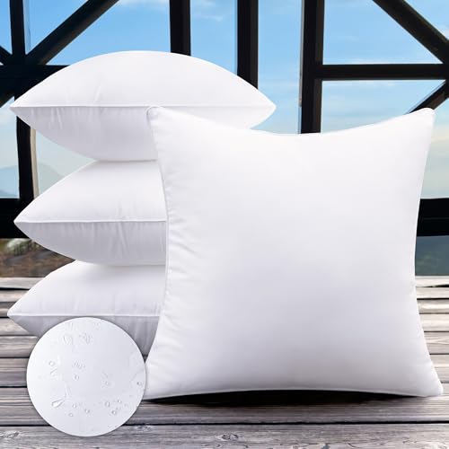 MCWPHLS 16x16 Outdoor Pillow Inserts Set of 4 Small Size Waterproof Square White DecorativeThrow Pillow Inserts for Indoor Couch Sofa Beds Cushions Outdoor Patio Furniture Cushions
