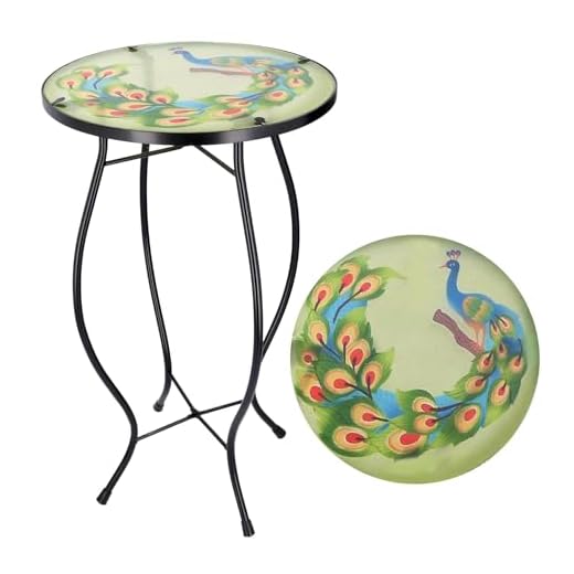 GEEZY Mosaic Garden Table – Peacock Design, Weatherproof Glass & Iron, Small Round Outdoor Patio Coffee Versatile Bistro Side Table Plant Stand for Home & Gift, 30.5 cm Diameter, Garden Tables Only