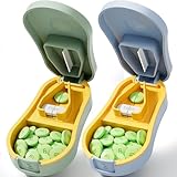 Pill Cutter for Small and Tiny Pills - Pill Splitter with Detachable Silicone Pad - Easy Open Snap Button. Wrap-Around Blade Guard Prevents Cuts. Back Storage (Green+Blue)