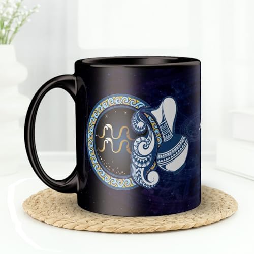 Image of Aquarius Zodiac Coffee Mug - Black Ceramic Astrology Horoscope Tea Cup with Inspirational Quotes - Birthday Gift for Aquarius Sign Friends, Family & Astrology Lovers