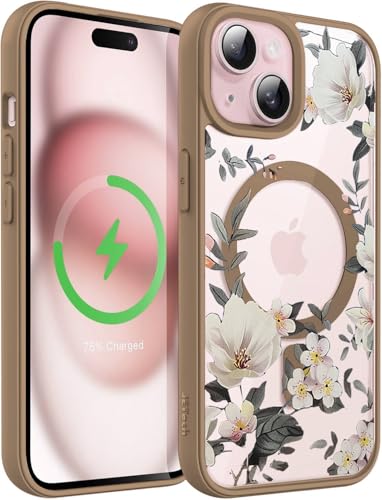 Image of VONZEE Compatible with iPhone 15 Case Luxury Retro Flowers Floral Clear for Magnetic Wireless Charging Case Shockproof Case PC+TPU Cute Glossy Shiny Cover for Girls Women, 6.1'' Desert Titanium
