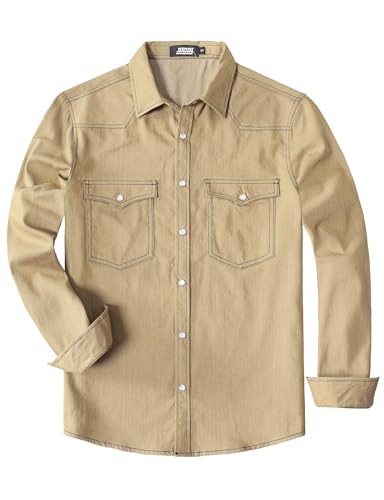 JOGAL Mens Western Cowboy Shirts Long Sleeve Denim Pearl Snap Shirts Regular Fit Work Shirts Khaki X-Large