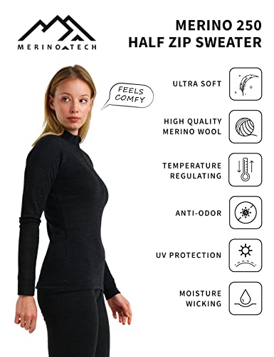 Merino Wool Base Layer Women Long Sleeve Half Zip Shirt (Medium, 250 Black) #TOP4