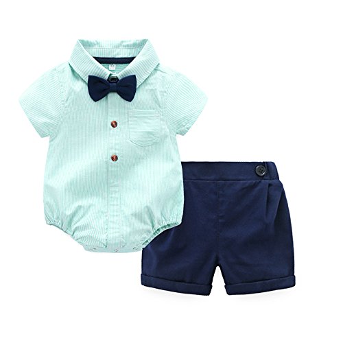 Tem Doger Baby Boys Casual Suit Cotton Short Sleeve Striped Button Down Bowtie Shirt Short Pant Clothes Set Outfit (70/6-12 Months) Green