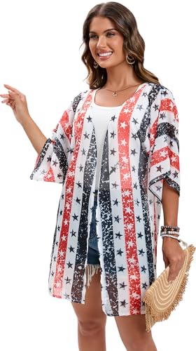 Image of DDSOL Women's American Flag Kimono Cover up Beachwear Cardigan Loose Tops Shirt Blouse