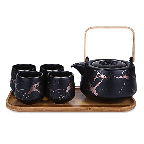 ENJOHOS Service à thé en marbre noir pour adultes avec plateau en bois et théière en céramique (1 134 g) avec 4 tasses à thé en porcelaine (189,9 g) Service à thé japonais moderne pour la maison et
