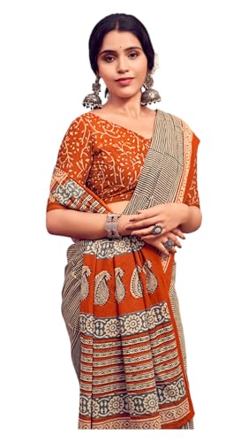Image of Ikkat Hand Print Soft Mul Cotton Lightweight Saree with Blouse Piece, Multicolour