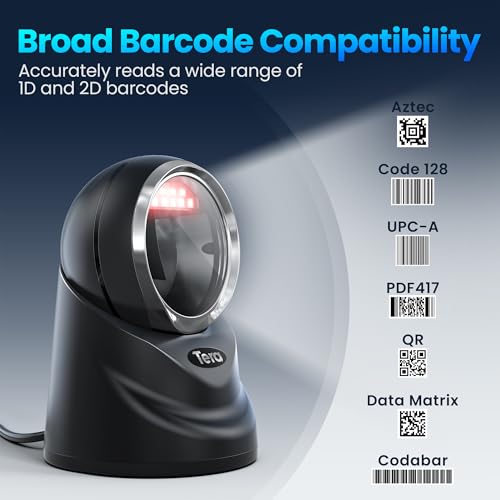 Tera Pro 2D QR Desktop Barcode Scanner Omnidirektional Einstellbarer Scankopf, USB Wired Handsfree Plattform Automatic Bar Code Reader for Market Retail Store Phone Screen Payment, 9100