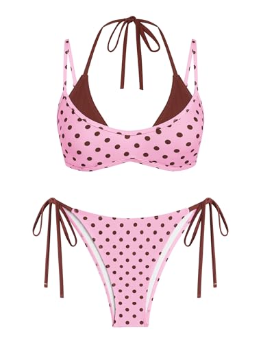 Image of ZAFUL Women's Polka Dot Bikini Set Double Layer Halter Swimsuit Colorblock Side Tie 2 Piece Bathing Suit