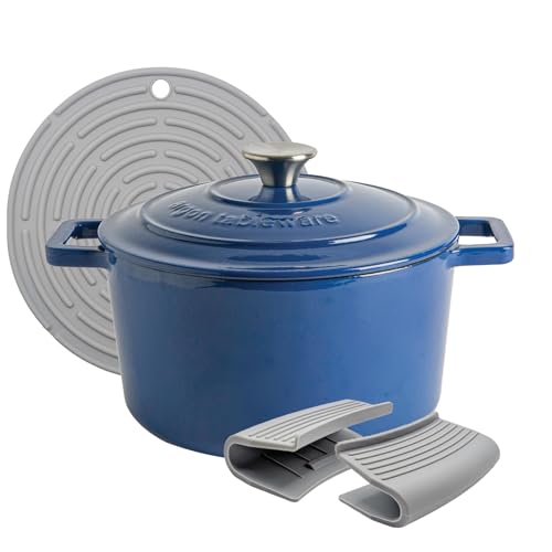 Argon Tableware 4.5L Round Cast Iron Casserole Dish with Self-Basting Lid - Midnight Blue - Induction Hob Cooking 4.75QT Dutch Oven Bread Baking Serving Roasting Stew Stock Pot Pan