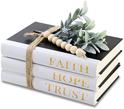 Decorative Hardcover Quote Books,Black and White Decoration Books, Farmhouse Stacked Books ,HOPE | FAITH | TRUST (Set of 3) Stacked Books for Decorating Coffee Tables and Bookshelf