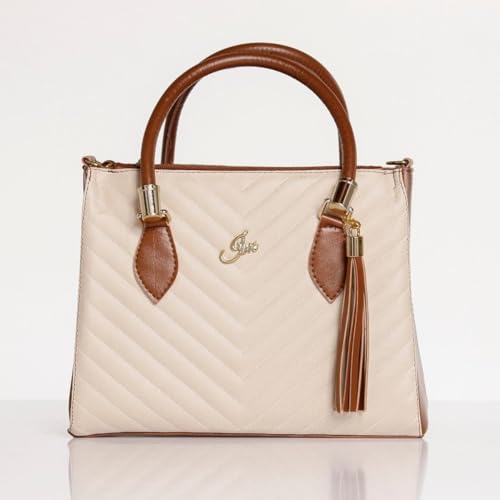 Bolsa Feminina Lorena Média com dois zíperes + Alça Transversal Removível (Marfim c/Caramelo)