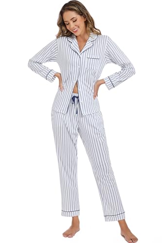 Image of LUBOT 100% Cotton Pajamas for Women Pajama Set 2 Piece PJ Sleepwear Set Soft Ladies Button Knit Long Sleeve Loungewear XS-XXL