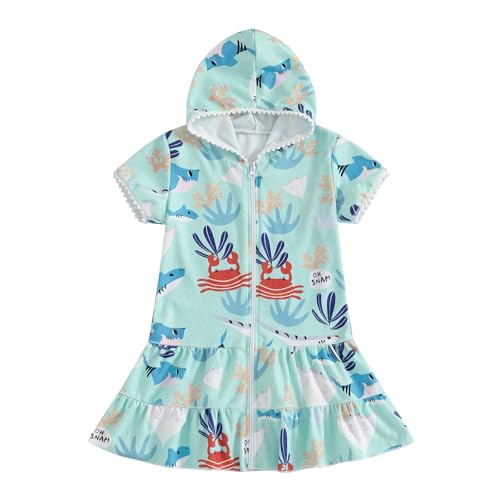 Image of Girls Hooded Terry Coverups Zip Up One Piece Swimsuits Sea Animals Print Short Sleeve Ruffle Swim Cover Up Swimwear (Green, 1-2T)
