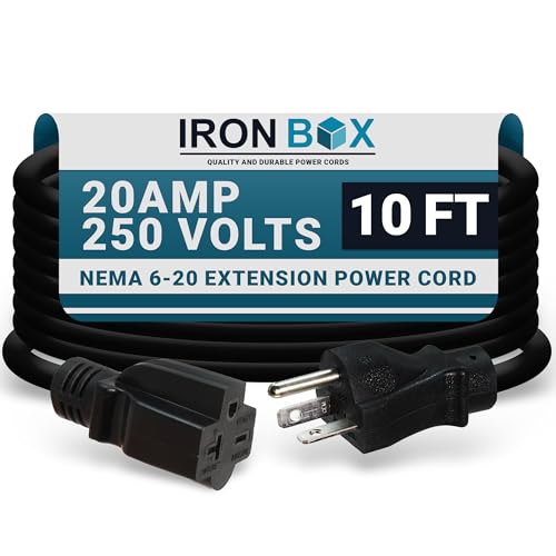 IronBox Electric - NEMA 6-20 Extension Cord - 12/3 SJT Jacket, 20A, 250V Extension Cable - Compatible with Any Generator Equipped with a 6-20 Receptacle - Heavy Duty Cable (Molded, 10 Foot)