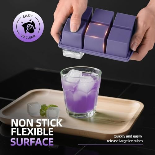 Image of Ice Cube Molds with Lid,Big Silicone Ice Cube Tray for Whiskey,2Inch Square Ice Cube Tray,Easy-Release Ice Mold,Giant Ice Cubes for Bourbon Cocktail (1, Purple)