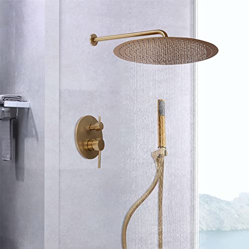 Ensemble de douche encastré - Pommeau de douche doré de 40 cm - Kit complet de douche carré en laiton - Avec douchette à main - Pour maison, hôtel