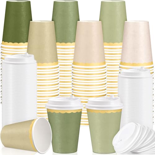 Willinglong 60 Pcs Sage Green Disposable Paper Cups with Lids 12oz Sage Green Coffee Cups with Golden Lace Drinkware for Birthday Baby Shower Bride Holiday Tea Party Business Events DIY Supplies
