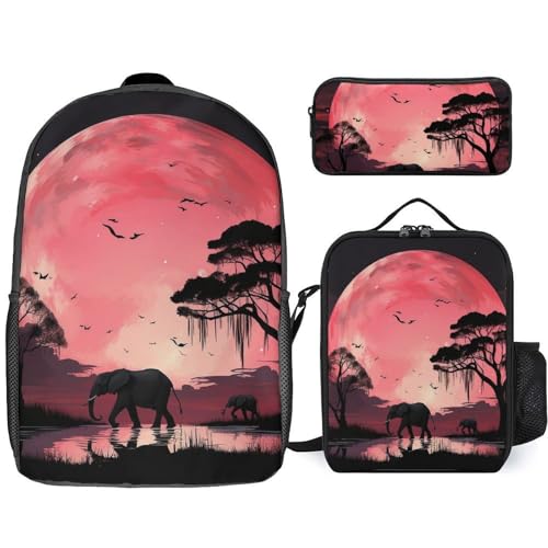 Sac à dos homme et femme 3 pièces avec sac de déjeuner isotherme motif éléphant