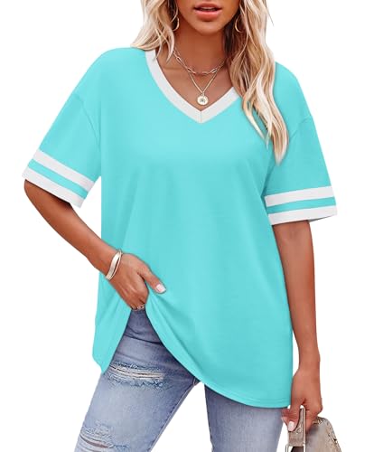 Image of WIHOLL Womens T Shirts Loose Fit Short Sleeve Tees V Neck Color Block Summer Tops 2026 Fashion S-4XL