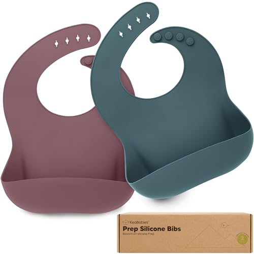 Image of KeaBabies 2-Pack Silicone Bibs for Babies, Toddlers Girl, Boy – Sturdy Food-Grade Baby Bibs for Eating, Large Food Catcher, Clean & Put On Easily, Waterproof Toddler Feeding Essentials (Rocky)