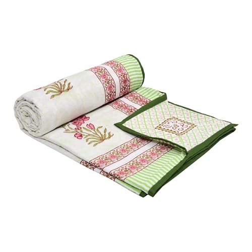 Image of BLOCKS OF INDIA Hand Block Printed Cotton Single Size Reversible Malmal Dohar for Summer (Green Leaf)| TC - 200