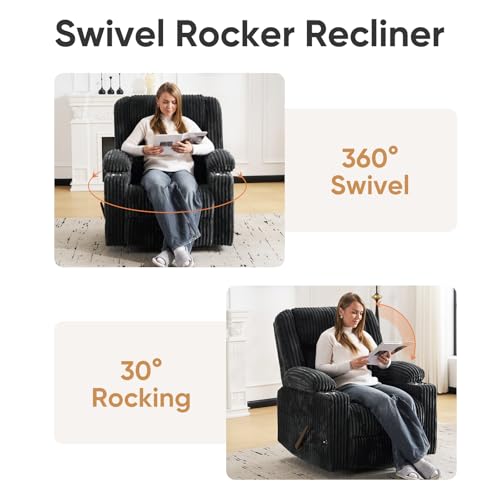 Image of Oversized Manual Recliner Chair with Arm Storage,Swivel Rocker Recliner Chair for Adults with Adjustable Headrest,Nursery Glider Recliner with Phone Stand and Side Pockets for Living Room,Dark Grey
