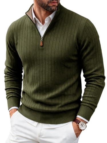 Runcati Mens Quarter Zip Sweater Mock Neck Casual Ribbed Knit
