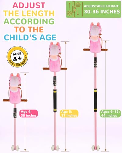 Image of Pink Stick Horse, Adjustable Height Plush Hobby Horse Stick Toy for Girls with Flashing Wheels & Realistic Neigh Sounds Birthday Gift Riding Pretend Play Toy Ages 4+