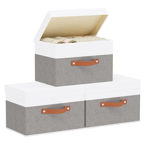 YheenLf Storage Bins with Lids,White/Grey Baskets,3Pack,15x9.8x9.8In
