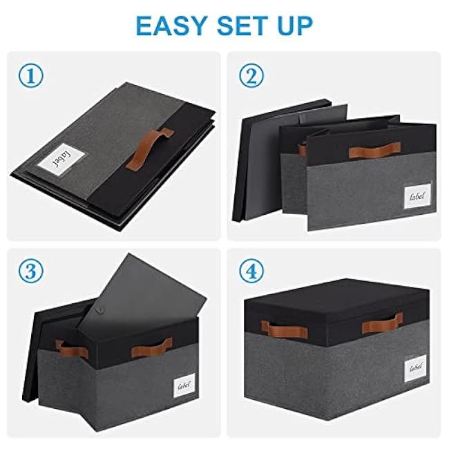 Large Storage Bins with Lids, Foldable Fabric Storage Baskets with Lids, Sturdy Storage Boxes with Labels and 3 PU Handles for Closet Home Bedroom Office (26L, 3 Packs, Grey&Black)
