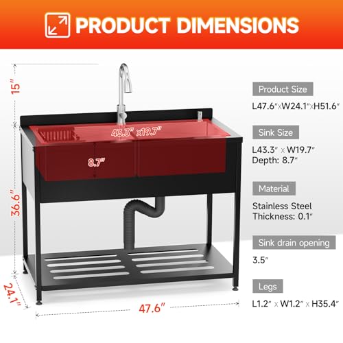 Image of Stainless Steel Utility Sink,47.6 inch x 24.1 inch x 36.6 inch,2 Compartment Sink Freestanding Commercial Sink,with Cold and Hot Water Faucet,Hoses and Drain Kit,Freestanding Sink for Kitchens, Bathrooms