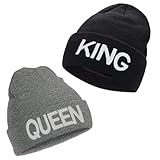 ZYEKIU 2 Pezzi Cappello Uomo Invernale, Cappelli per Coppie Cappello Donna Invernale da Sci Lavorato a Maglia Skullies Lavorato, Berretto a Maglia con Scritta in King & Queen (Nero, Grigio)