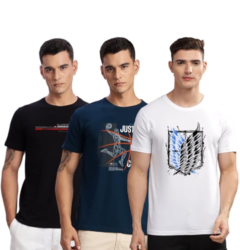 Image of ADRO 100% Cotton Lycra Tshirts for Men Combo Pack of 3 | Regular Fit | Printed T Shirt | Round Neck Half Sleeve| Mens Tshirts