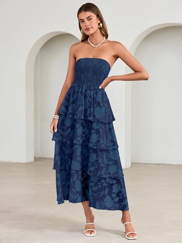 Image of Simplee Womens Summer Strapless Maxi Dress 2026 Boho Floral Off Shoulder Wedding Guest Dresses Tiered Beach Long Sundress