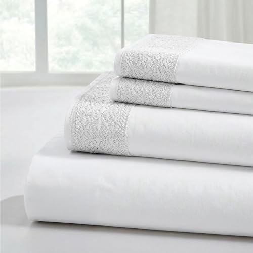 Modern Threads Includes Flat, Fitted Sheet with Deep Pockets, & Pillowcases Juego de sábanas de Microfibra de Encaje de Ganchillo de 4 Piezas, tamaño Queen, Color Blanco, Reina, Matrimonio Doble, 4