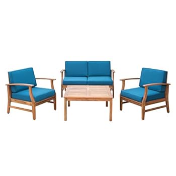 Alternative view of Lorelei Outdoor 4 Seater Teak Finished Acacia Wood Chat Set with Blue Water Resistant Cushions
