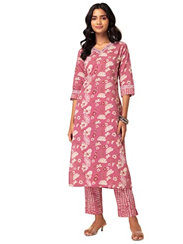 Image of Indya Women Pink Floral Jaal Print Cotton Kurta And Printed Pants (Set of 2)