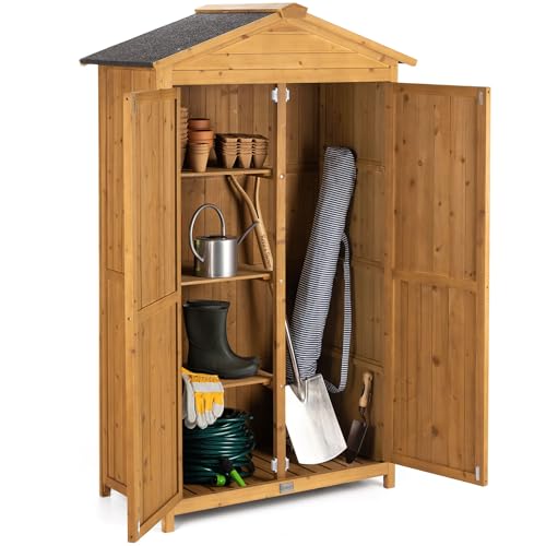 Christow Small Double Door Garden Shed – Treated Wood, Tall Wooden Outdoor Storage, Slim Utility Shed, Three Configurable Shelves, Lockable Doors, Sloped Roof, H166cm x W100cm x D64cm