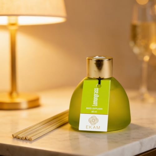Image of Ekam Frosted Glass 60ml Lemongrass Reed Diffuser Set | Free 6 Fiber Reed Sticks | Stress Relief & Aromatherapy, Long-Lasting Home Fragrance (Up to 60 Days) | Air Freshener for Room, Bedroom & Bathroom