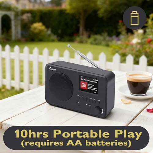 Image of LeMega IR1S Internet Radio, Podcasts, Bluetooth, FM, Black | Alarm clock, full colour display, mains or AA battery, compact kitchen radio, snooze, sleep timer, 150 unified presets
