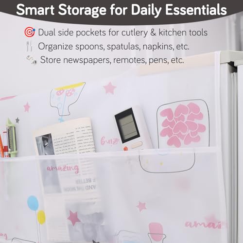 Image of HOKIPO Small Fridge Cover Top | For Smaller Single Door and Double Door Refrigerator - Waterproof, Printed with 6 Side Pockets, Size Small 130x55 cm, Whimsical Bottles (AR-5875-D3)